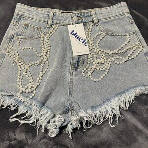 High-Rise Rhinestone And Pearl Denim Shorts